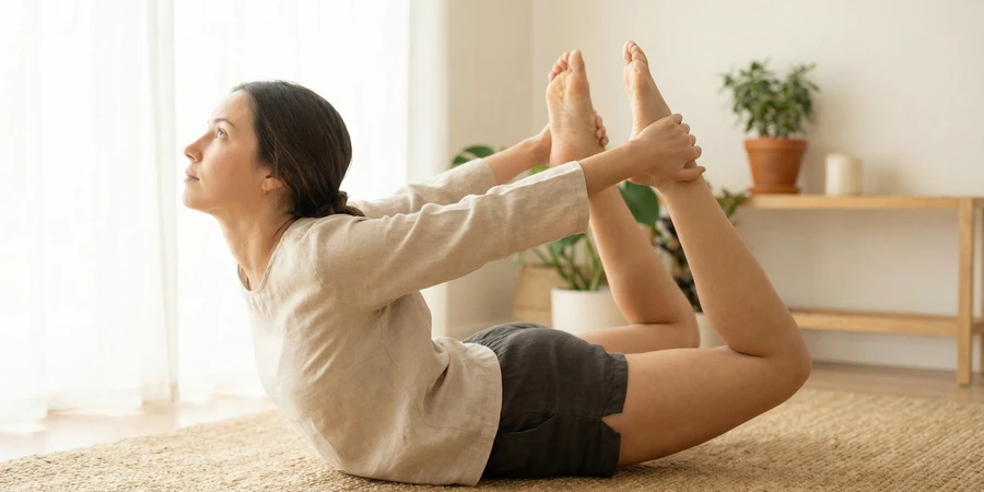 Yogui demostrando la postura del arco completa con el cuerpo formando un arco perfecto