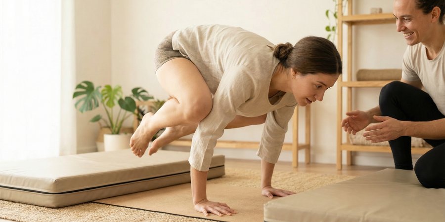 Mujer intentando postura de cuervo con colchonetas de seguridad superando el miedo