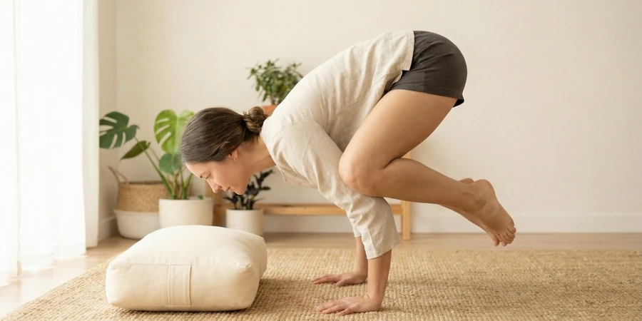 Secuencia detallada mostrando la transición del suelo a la postura del cuervo completa