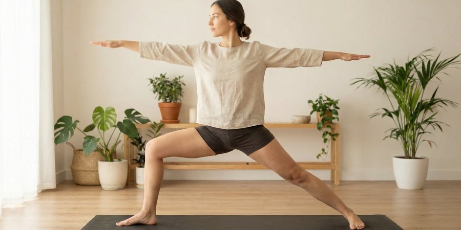 Mujer mostrando alineación correcta en postura guerrero con poder y gracia