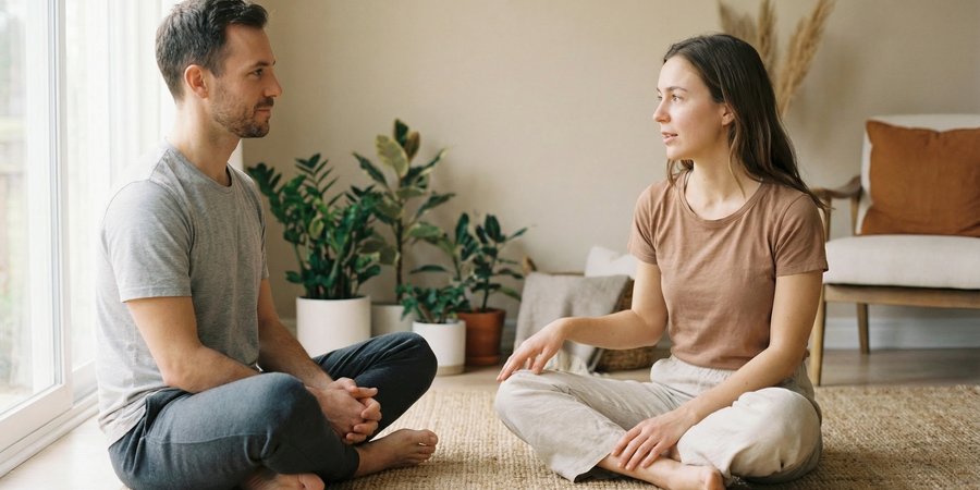Mujer conversando con instructor sobre limitaciones y contraindicaciones del loto