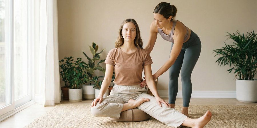 Mujer en loto parcial modificado con instructor mostrando adaptación segura