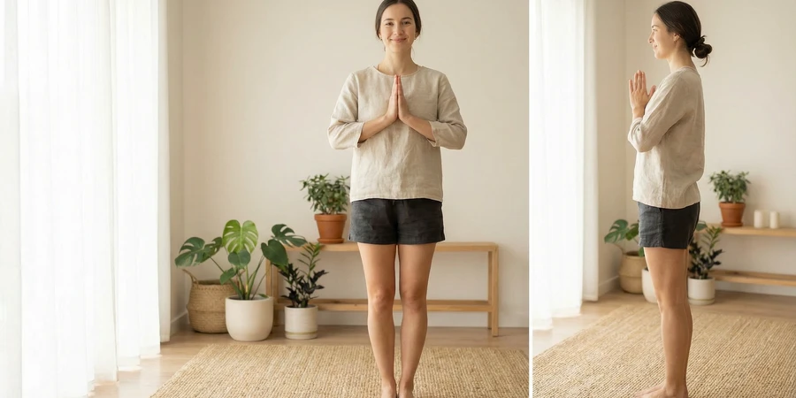 Detalle de la alineación de pies en la postura de la montaña