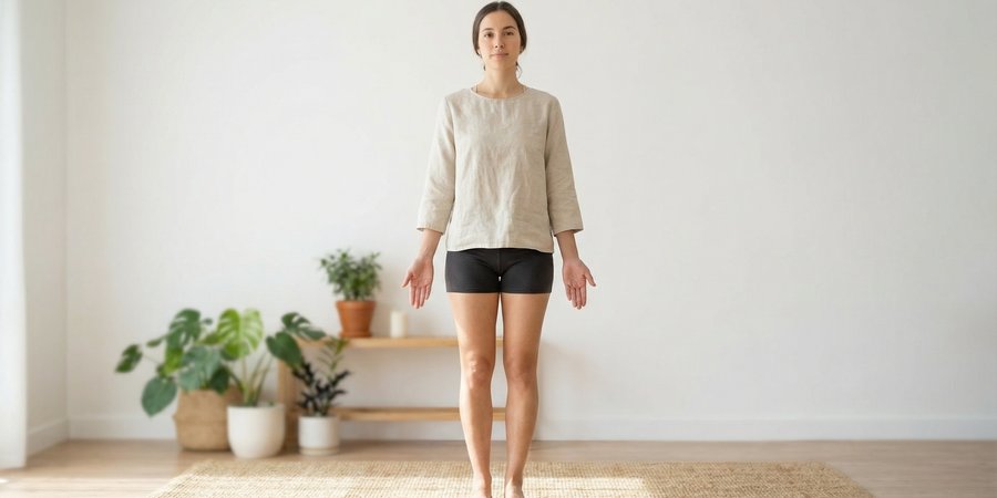 Mujer en postura de montaña perfectamente alineada de pie con estabilidad