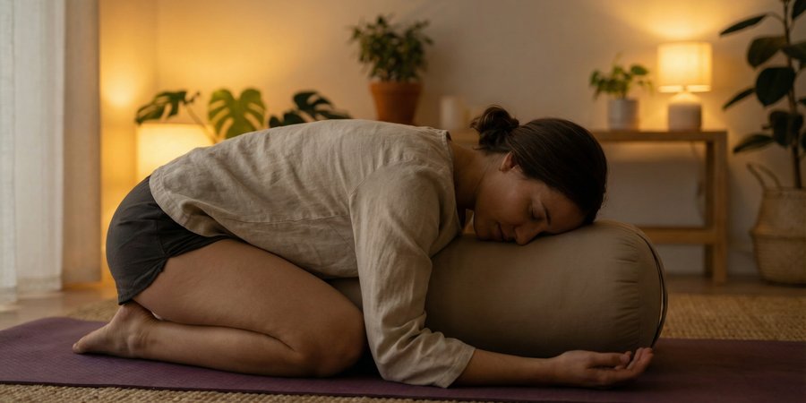 Mujer en postura del niño restaurativa con apoyo y descanso profundo