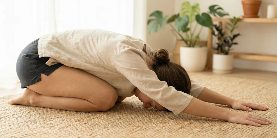 Posición de los brazos relajados en la postura del niño