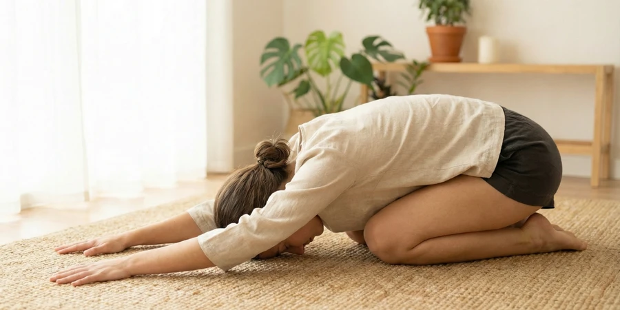 Vista lateral de Balasana mostrando el estiramiento de la espalda