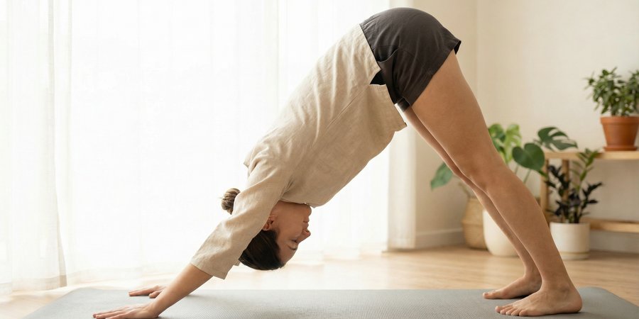 Mujer en perro boca abajo con perfil lateral mostrando respiración profunda