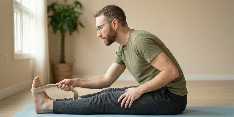 Hombre en postura de la pinza sentada usando correa de yoga para mejorar flexibilidad