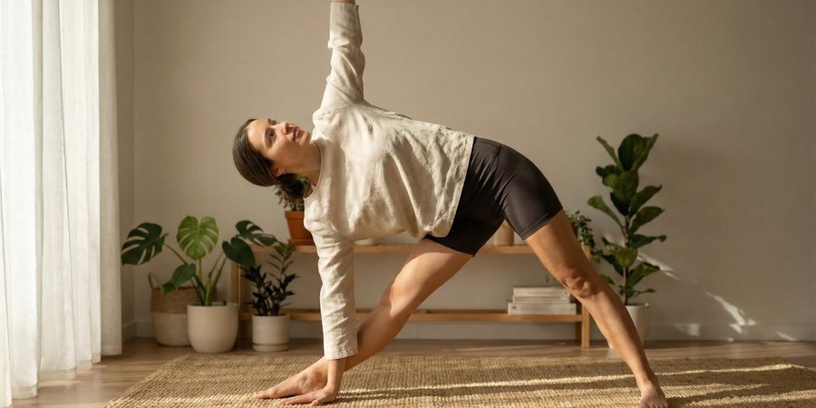 Mujer en triángulo con extensión lateral completa y alineación perfecta