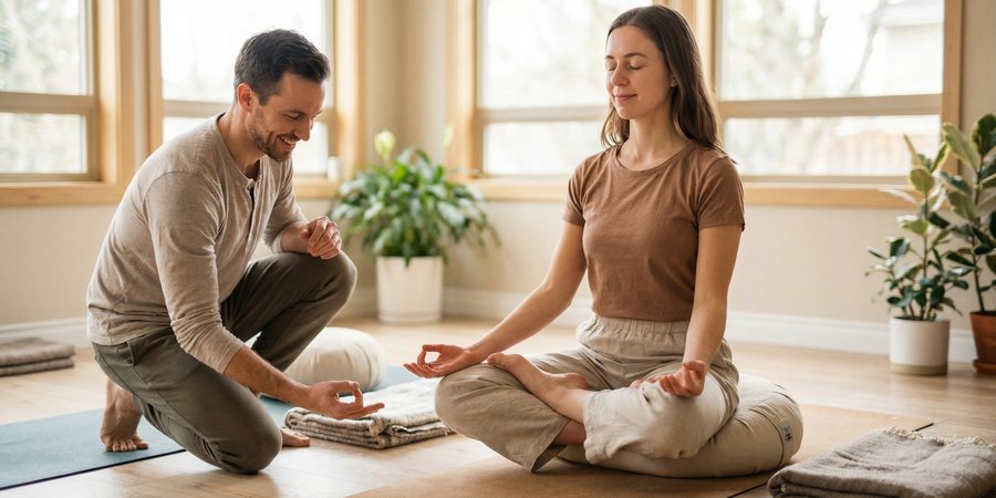 Mujer en medio loto adaptado con cojín mostrando flexibilidad personal