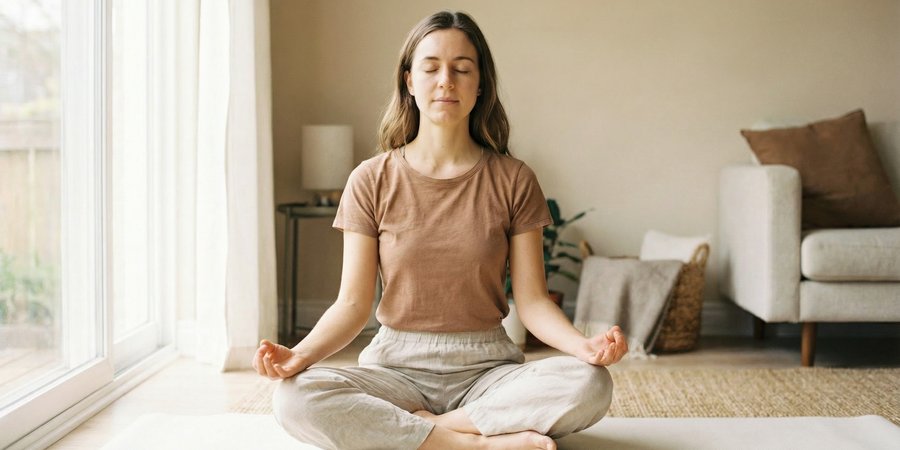 Mujer en loto completo con mudra de sabiduría en meditación profunda
