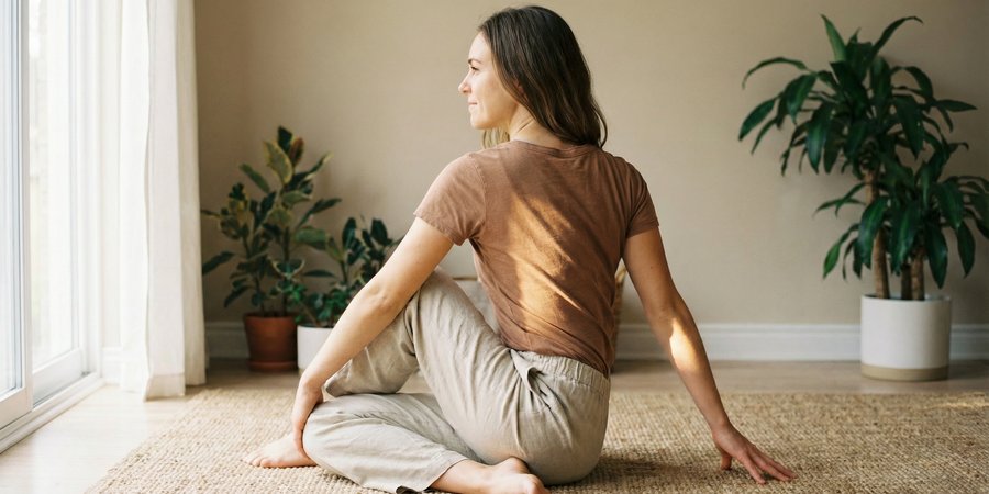 Mujer en torsión sentada con columna elongada en gesto de desintoxicación