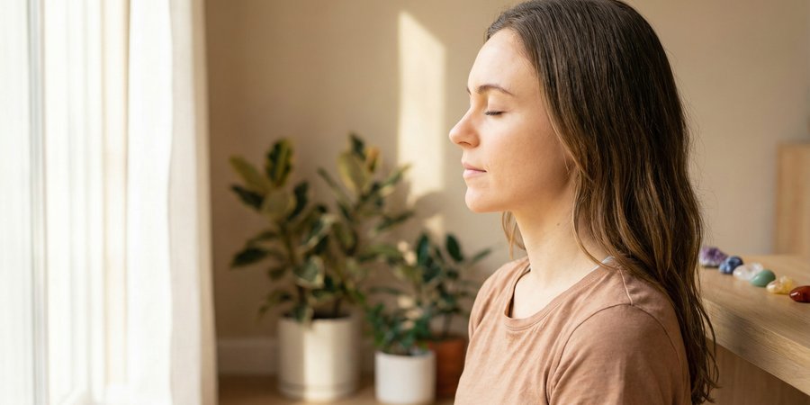 Mujer en meditación profunda después de práctica Nadi Shodhana con expresión de paz