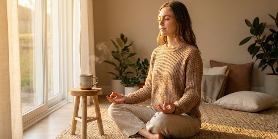 Mujer practicando pranayama al amanecer con luz dorada en ritual matutino
