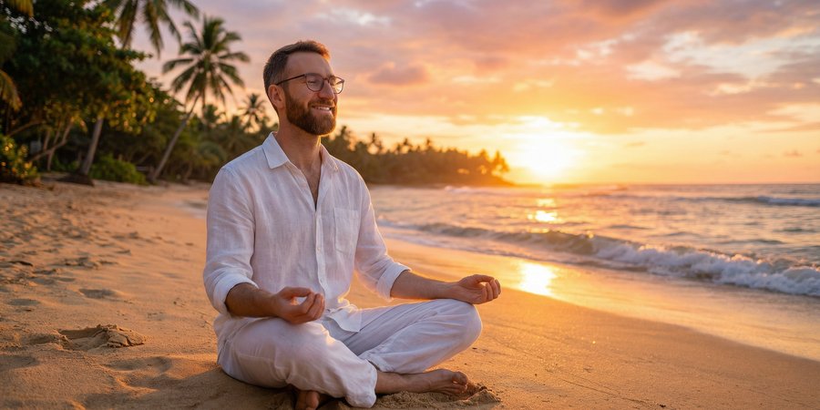 Hombre meditando en playa tropical al atardecer durante retiro de yoga