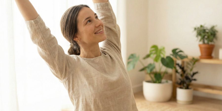 Mujer demostrando top de yoga premium en movimiento con detalles visibles