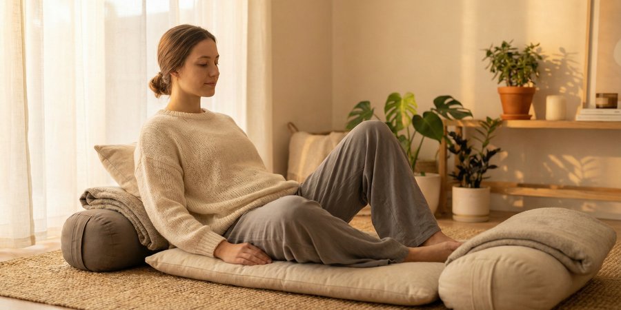 Mujer en outfit de yin yoga restaurativo con ropa cómoda y holgada