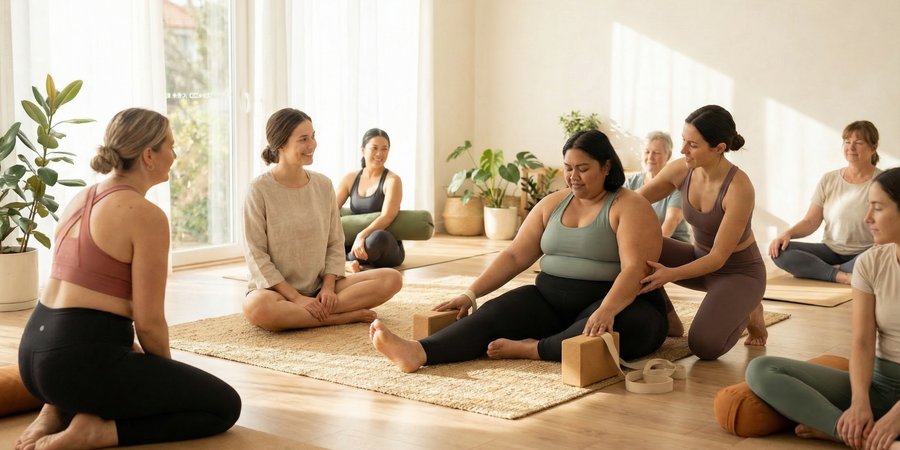 Clase de yoga matutino con diversidad de cuerpos y modificaciones personalizadas