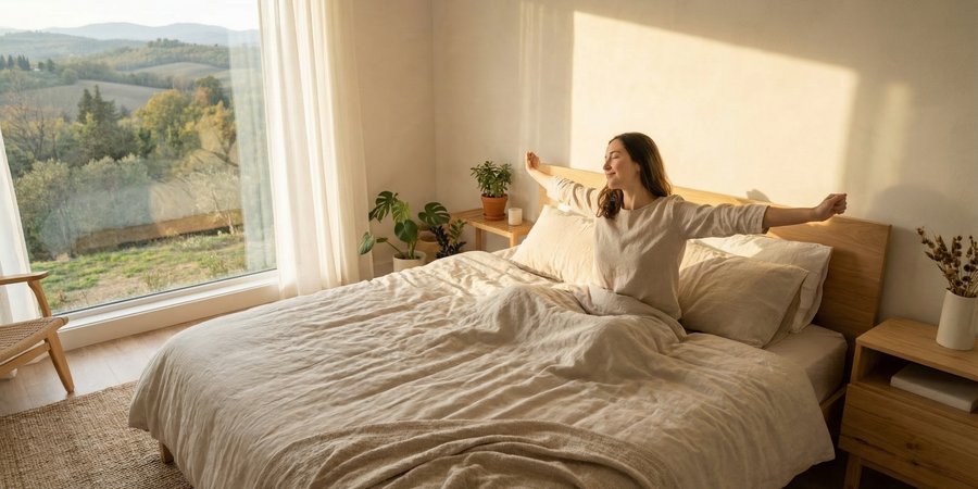 Mujer despertándose en cama con luz dorada de amanecer y estiramiento suave