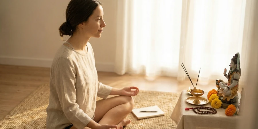 Espacio sagrado dedicado a la práctica personal con esterilla, velas y objetos rituales