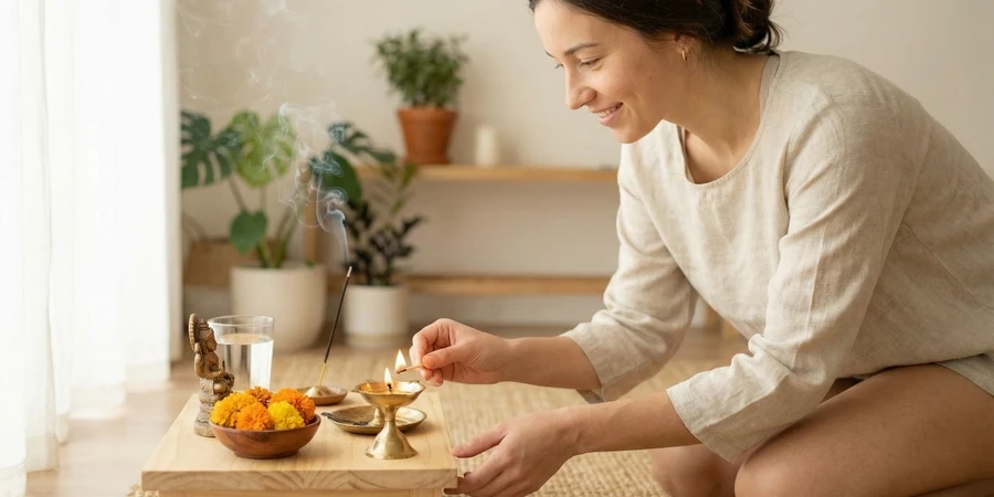Mujer practicando asanas durante su rutina de sadhana en un espacio tranquilo