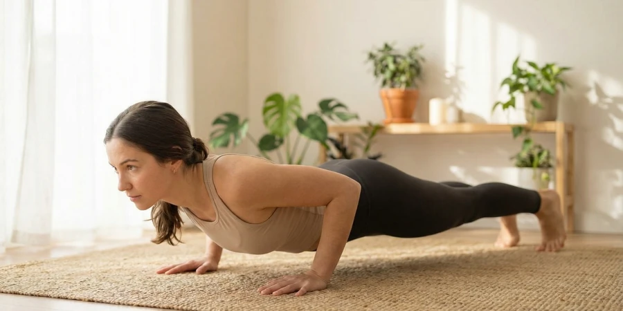 Principiante aprendiendo el saludo al sol con modificaciones y apoyos