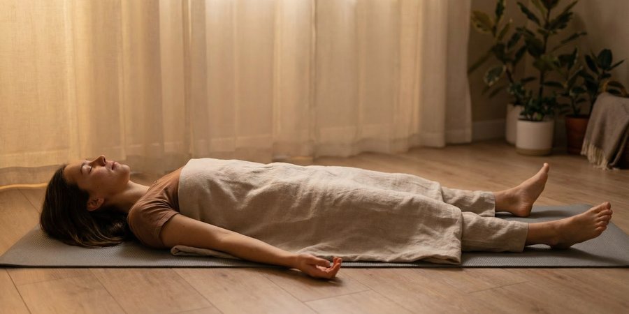 Mujer recostada en savasana con brazos y piernas relajados en descanso completo