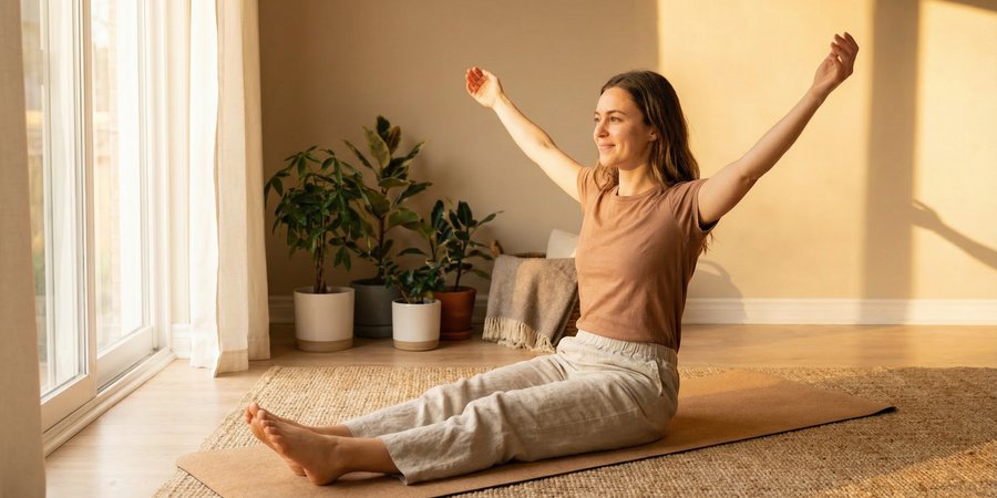 Mujer saliendo de savasana con expresión renovada incorporándola a rutina diaria