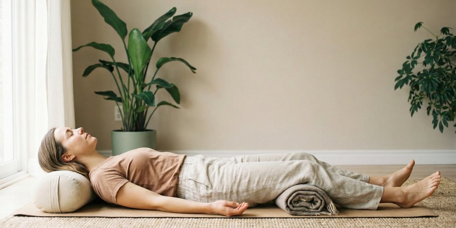 Mujer en savasana con almohada y manta en postura técnicamente correcta