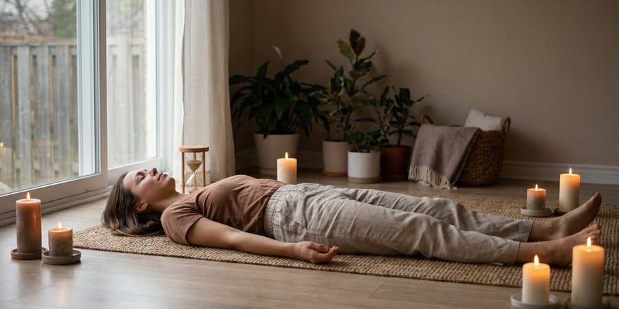 Mujer en savasana profunda con reloj de arena mostrando duración del descanso