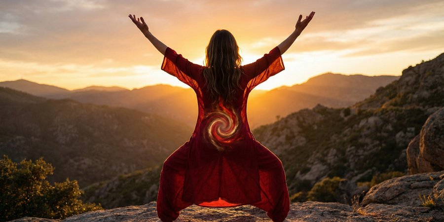 Mujer en postura de poder con brazos expansivos canalizando energía Shakti