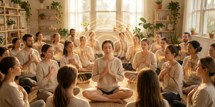 Clase grupal cantando Om al unísono con manos en pecho y conexión colectiva