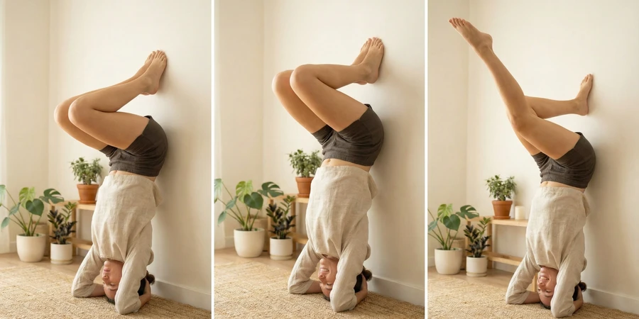 Alineación correcta vs incorrecta en Sirsasana para evitar lesiones cervicales