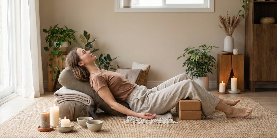 Mujer practicando yin yoga en tarde tranquila con té y velas en ambiente restaurativo