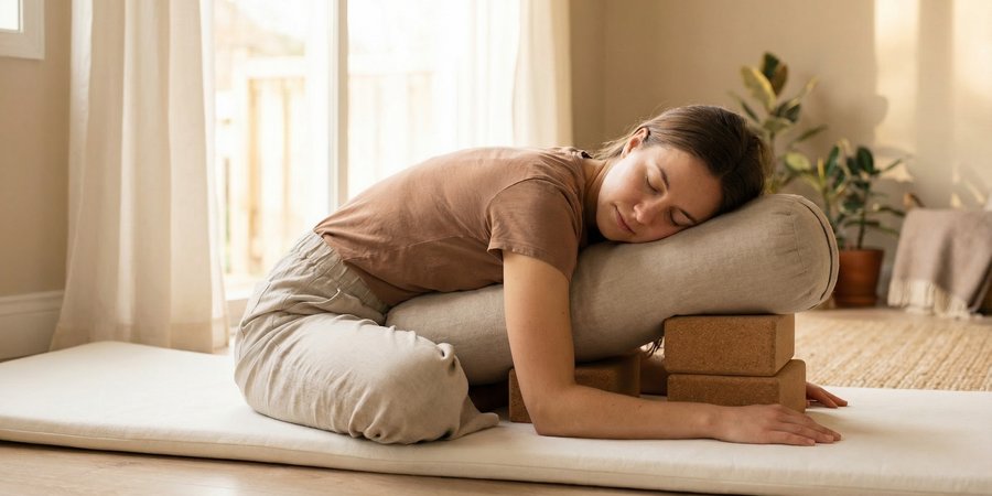 Mujer en postura yin profunda con apoyos trabajando tejido conectivo