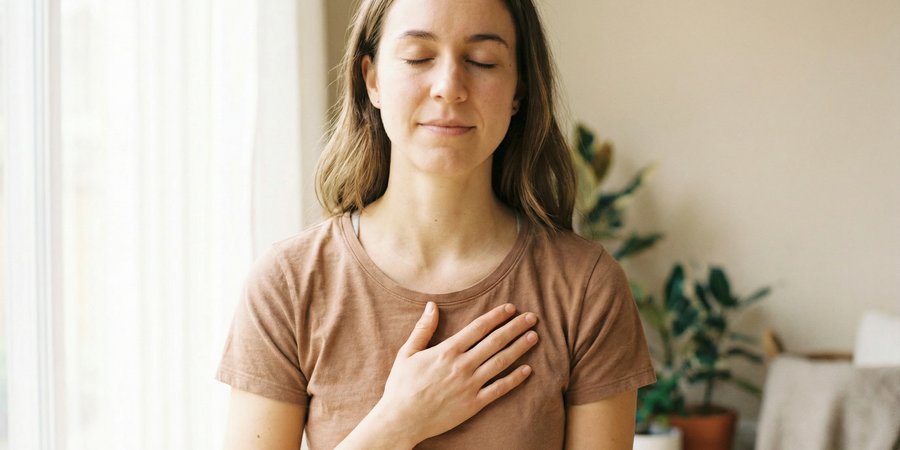 Mujer meditando en espacio privado con mano en corazón en autocompasión