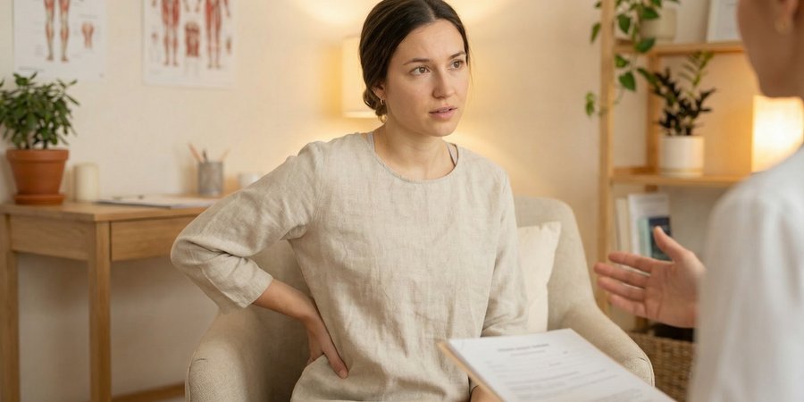 Mujer en consulta con terapeuta de yoga sobre lesión de espalda y seguridad