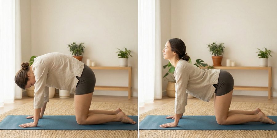 Mujer demostrando secuencia de gato-vaca para alivio del dolor de espalda