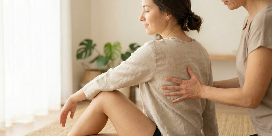 Mujer en torsión sentada de espalda para descompresión espinal