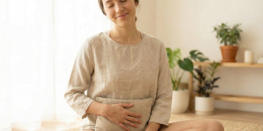 Mujer practicando yoga menstrual en asiento cómodo para alivio hormonal