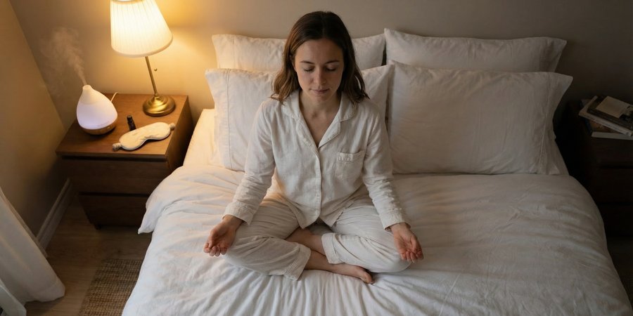 Mujer en cama practicando pranayama pre-sueño con luz tenue y difusor aromático