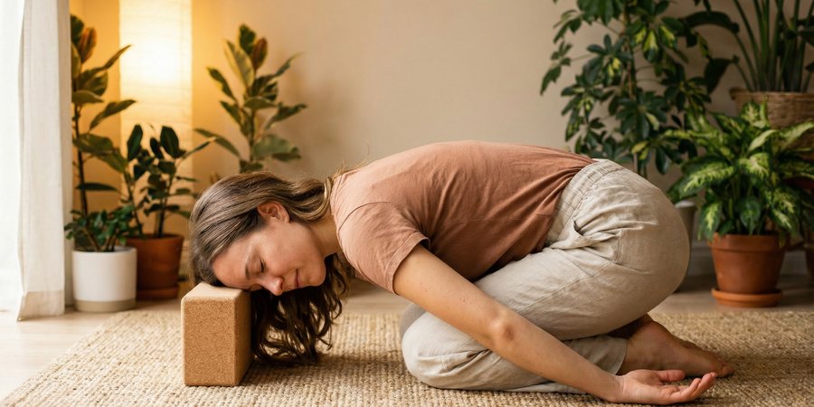 Mujer en postura del niño con frente en bloque en refugio emocional seguro