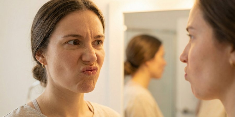 Mujer practicando ejercicios de mejillas con expresión facial exagerada