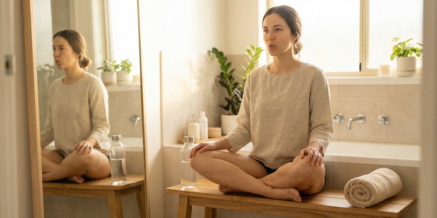 Mujer practicando yoga facial en rutina matutina frente a espejo