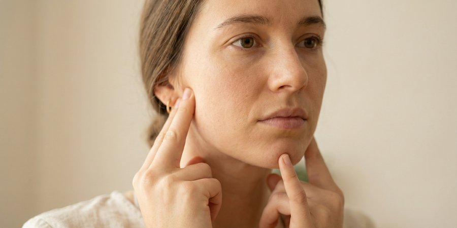 Mujer demostrando técnica de yoga facial con dedos aplicando presión en puntos específicos del rostro