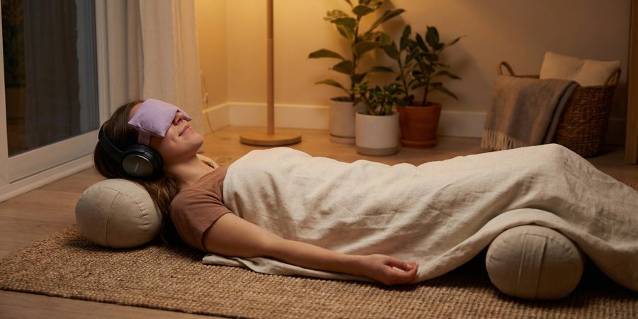 Mujer en yoga nidra con auriculares de meditación guiada y eye pillow