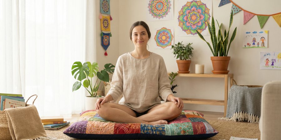Mujer practicando yoga casero con niños en sala con decoración lúdica