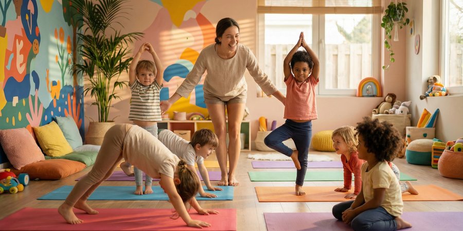 Instructora de yoga enseñando a niños en clase feliz y lúdica