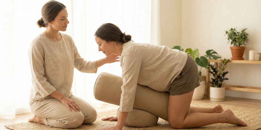 Mujer embarazada en postura de cuadrupedia modificada para tercer trimestre